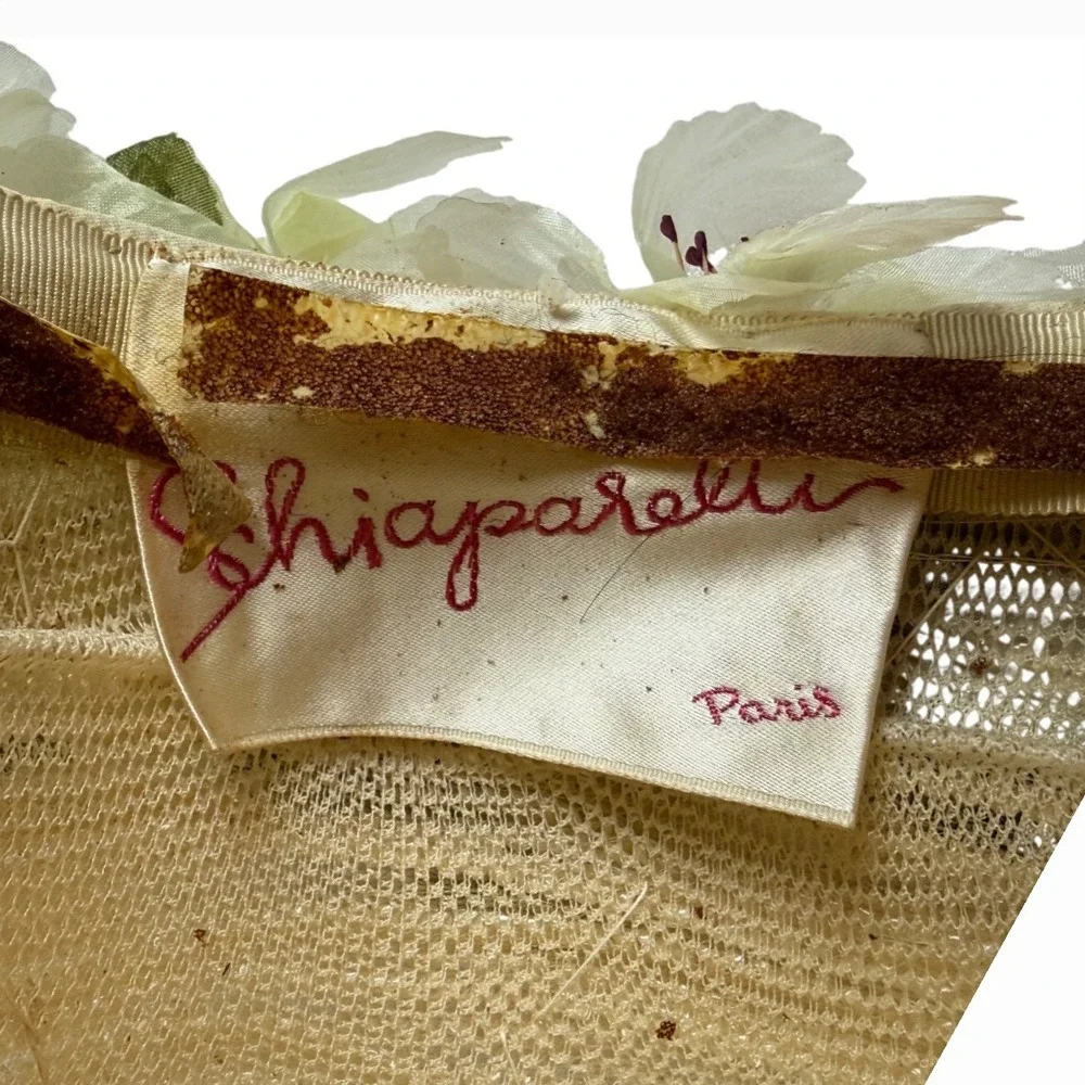 VINTAGE Schiaparelli Paris Floral Spring Hat Ivory Cream Flowers with Hat Box